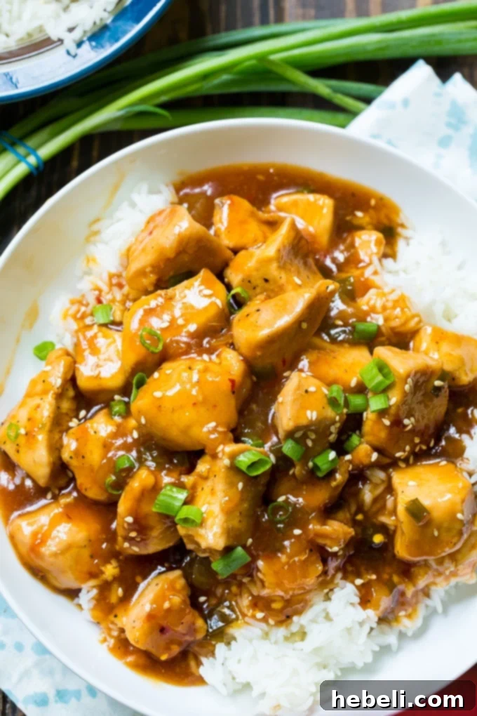 Inside the Instant Pot, diced chicken breasts are being cooked with a blend of soy sauce, ketchup, and red pepper flakes, alongside sautéed onions and garlic, promising a tender and flavorful result.