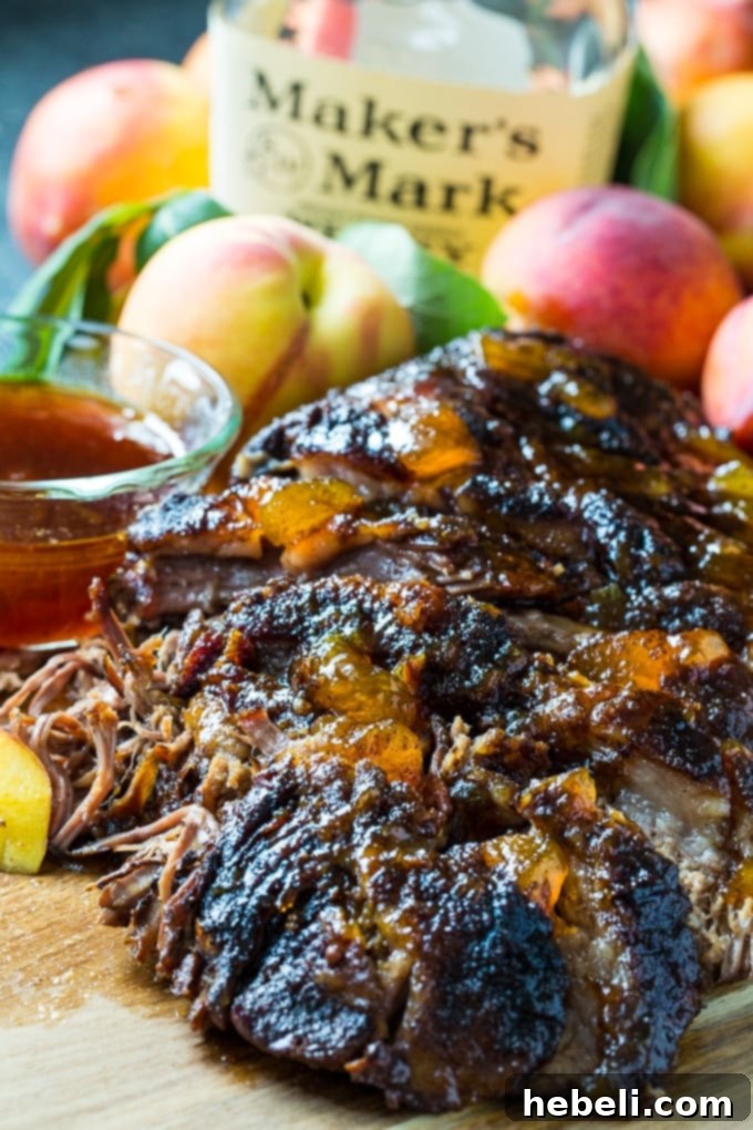 Slow-Roasted Beef Brisket with Bourbon Peach Glaze 4 Sliced Oven Roasted Brisket with Bourbon Peach Glaze, garnished