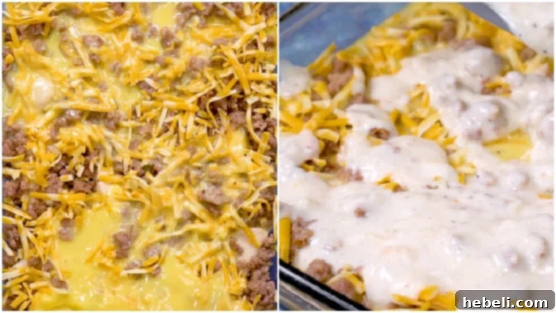 Egg mixture poured over cheese and sausage, followed by the rich sausage gravy.