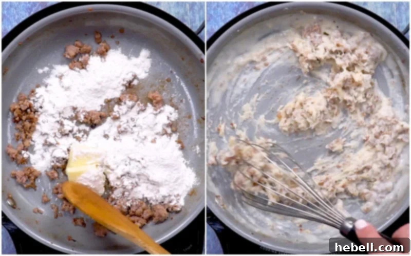 All-purpose flour being added to melted butter and sausage drippings in a pan, forming a roux.