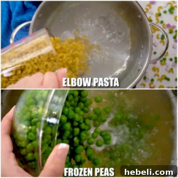 Creamy Tuna Macaroni Salad 3 Pasta and peas being cooked.