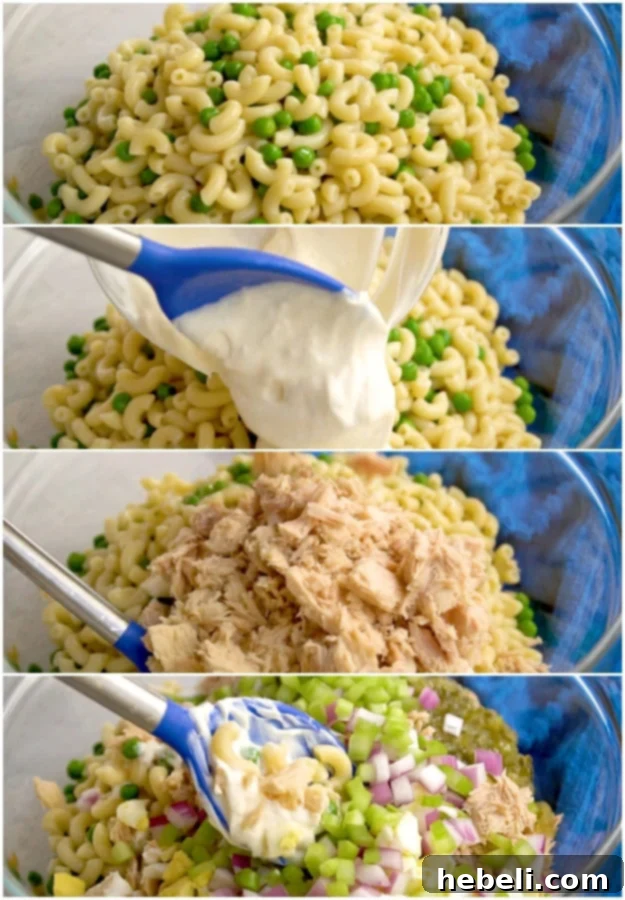 Creamy Tuna Macaroni Salad 4 Remaining ingredients getting mixed in.