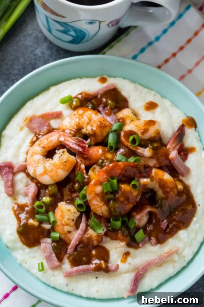 Perfectly cooked shrimp and crispy country ham for Red-Eye Gravy Grits