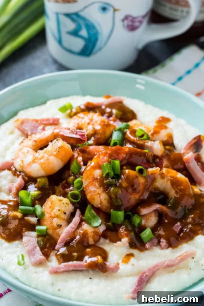 Shrimp and Grits with Red-Eye Gravy ready to be served