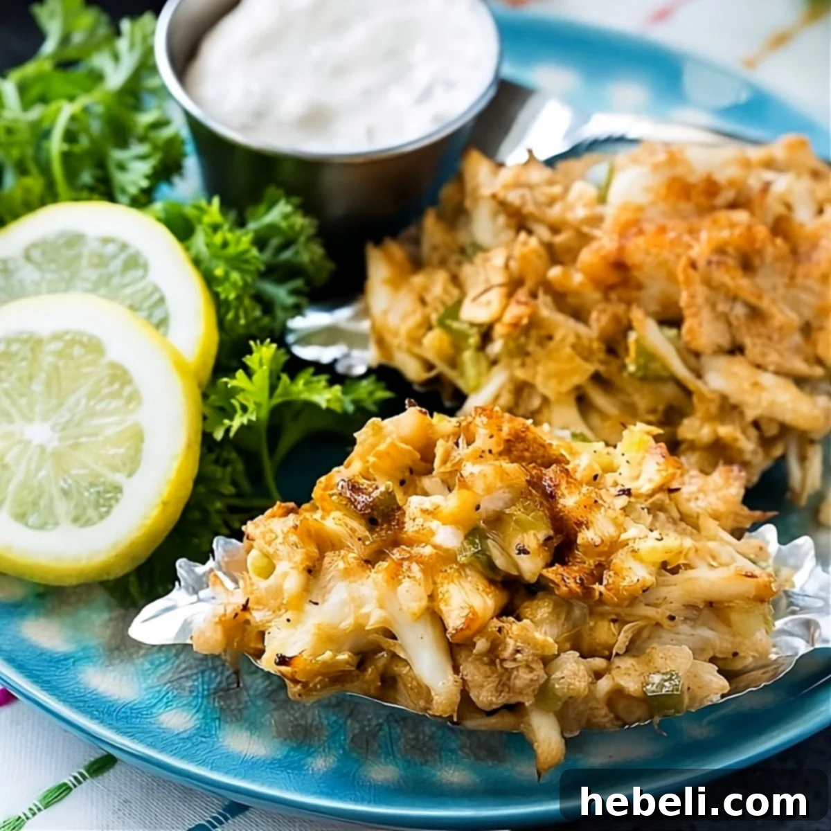 Deviled Crab 2 Two Deviled Crab on plate with lemon slices and tartar sauce.