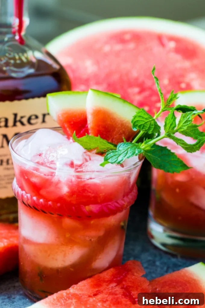 Watermelon Mint Julep garnished with mint and a watermelon slice