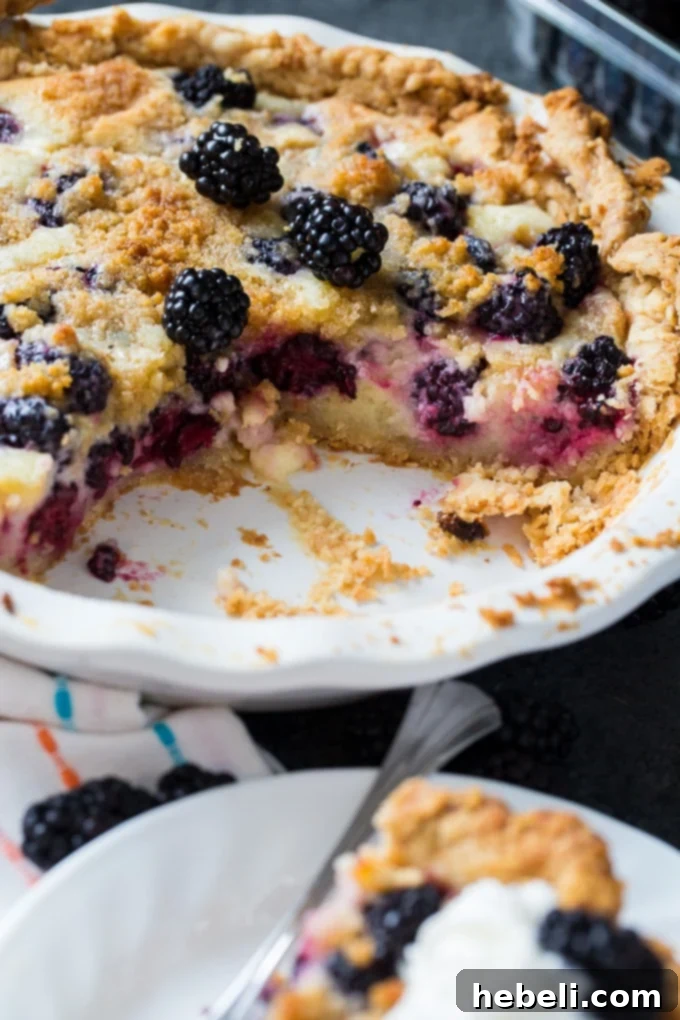 A whole Blackberry Cream Pie adorned with fresh blackberries, ready to be served