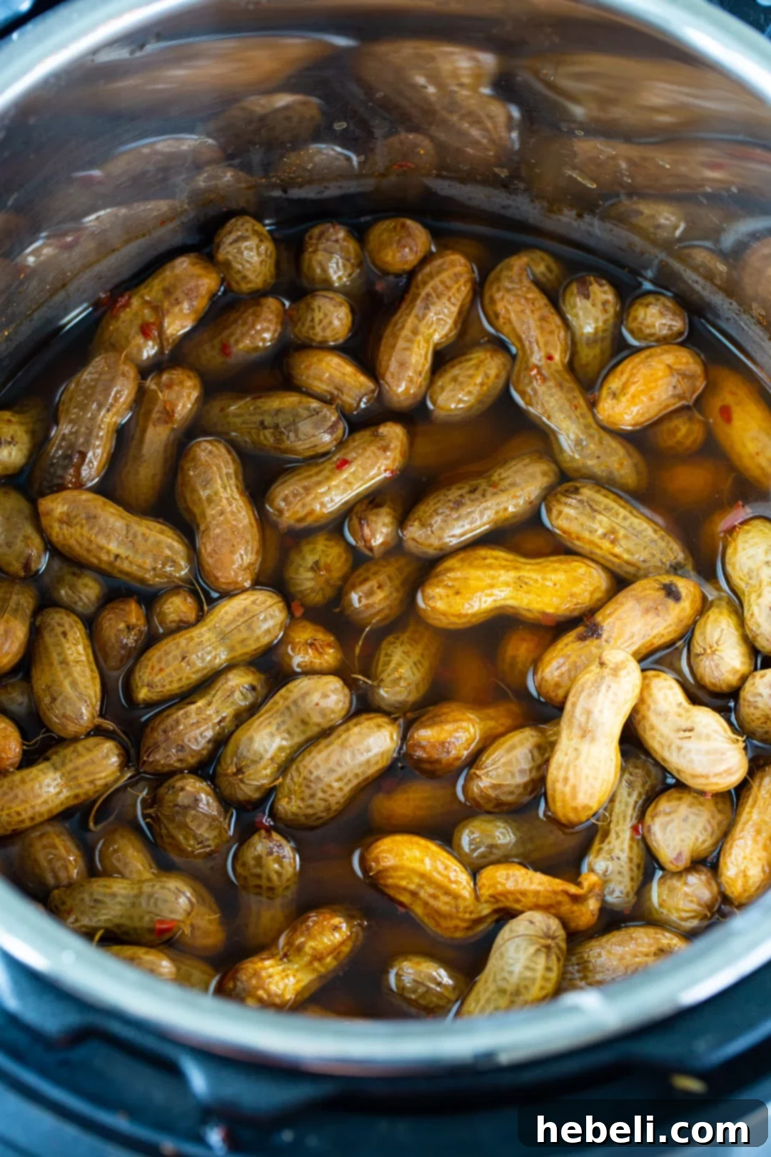 Close-up view of boiled peanuts in an Instant Pot.
