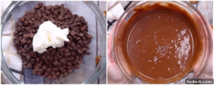 Melting the chocolate and shortening mixture in a saucepan.