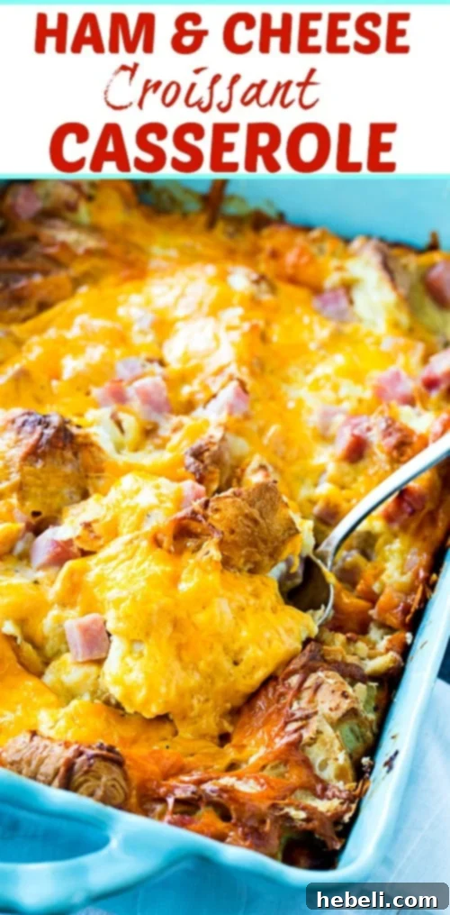 Savory Croissant Ham and Cheese Bake 6 Overhead view of a cooked Ham and Cheese Croissant Casserole, garnished with parsley