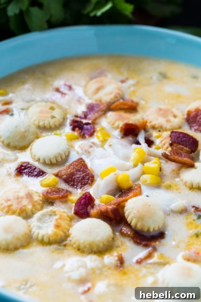 A tantalizing close-up of creamy Crab and Corn Chowder in a deep blue bowl, with visible chunks of crab, corn kernels, and crispy bacon.
