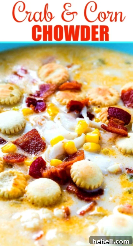 A close-up view of the rich, creamy texture of Crab and Corn Chowder in a bowl, highlighting the fresh ingredients.