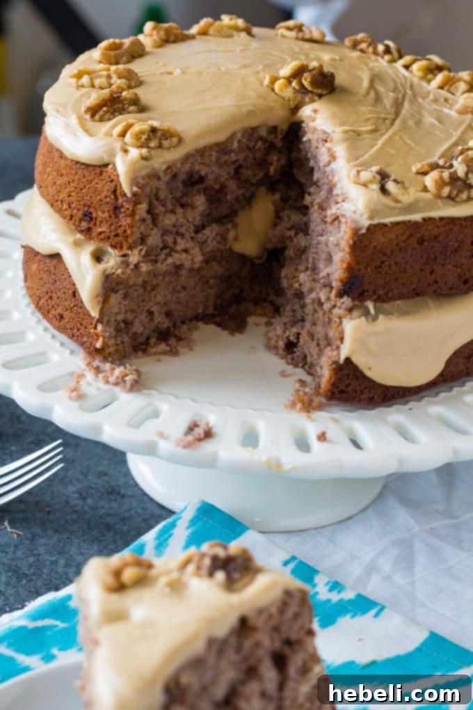 Another view of the beautifully iced Kentucky Blackberry Jam Cake, showcasing its festive appeal and rich caramel topping.