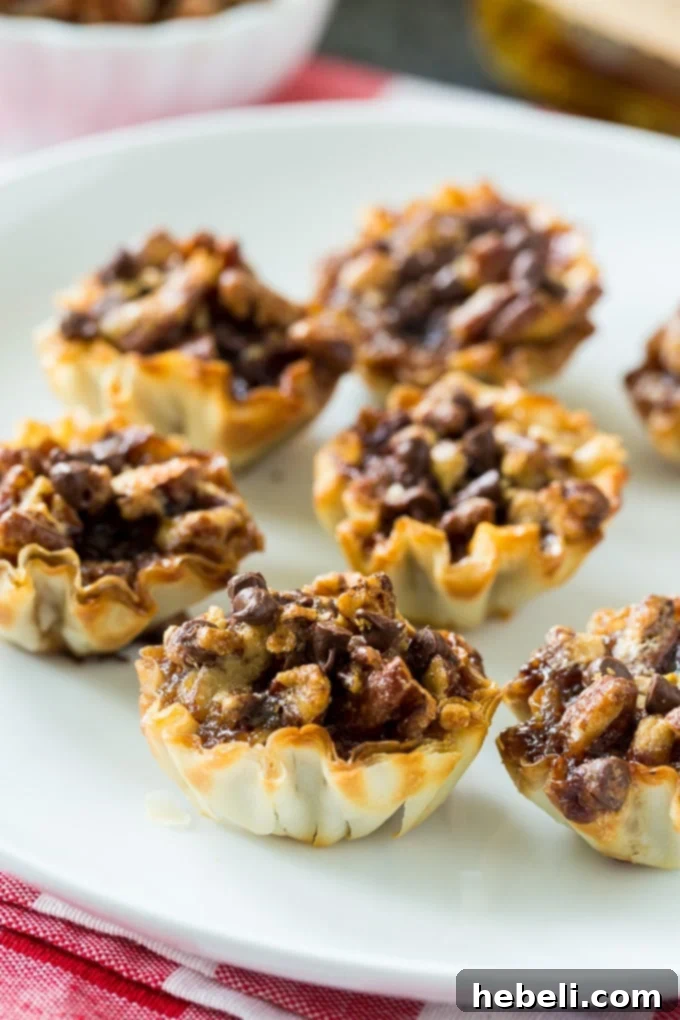 Whiskey-Kissed Pecan Mini Pies 5 A close-up of a single Bourbon Pecan Tartlet on a plate.