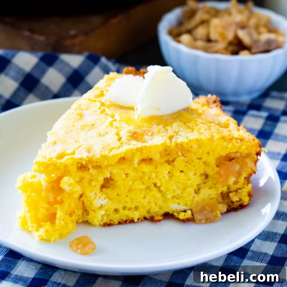 A perfectly golden slice of Crackling Cornbread, generously topped with melted butter, resting on a white plate, highlighting its rich texture and inviting warmth.