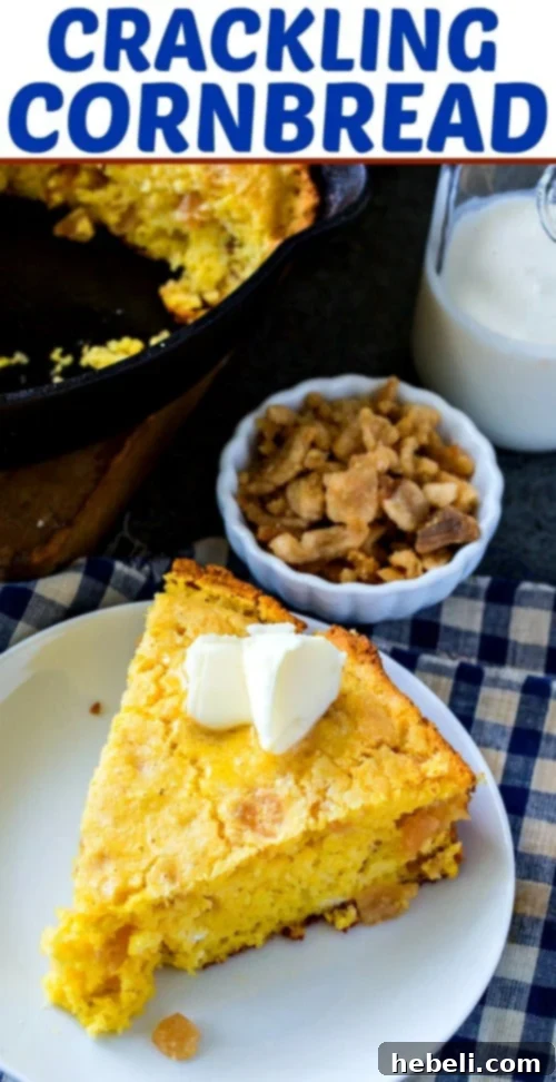 Rustic Southern Crackling Cornbread with crushed pork cracklings, garnished beautifully on a wooden board. #southern #cornbread #pork
