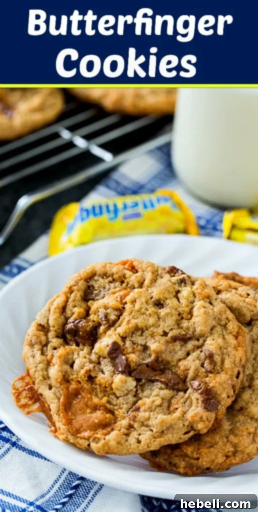 Butterfinger Cookies have lots of butterfinger and peanut butter flavor. These cookies are perfect for using up Halloween candy. #cookies #peanutbutter #butterfinger