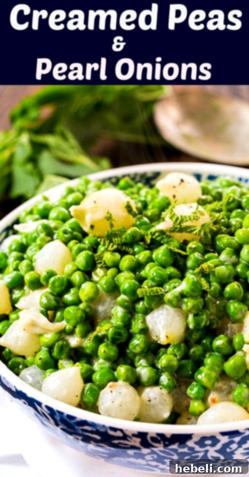 Another view of Creamed Peas and Pearl Onions in a rustic bowl, garnished.