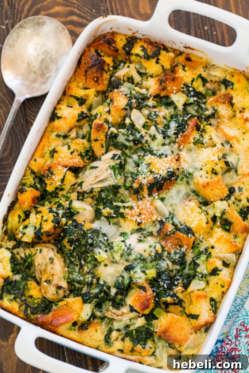 Decadent Oyster Rockefeller Bake 4 Rich and creamy Oysters Rockefeller Bread Pudding, ready to serve.