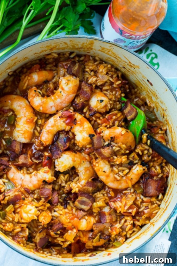 Classic Red Rice with Shrimp and Bacon, served hot