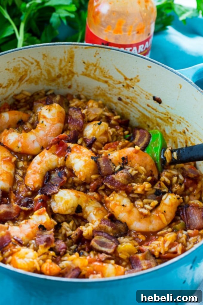 Close-up of ingredients for Red Rice with Shrimp and Bacon