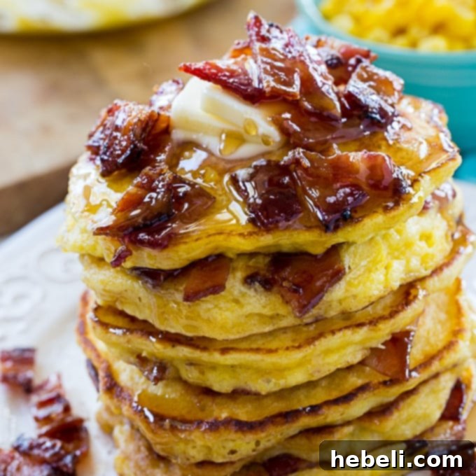 A stack of golden Sweet Corn and Candied Bacon Pancakes, topped with butter, maple syrup, and extra candied bacon pieces, ready to be served on a white plate.