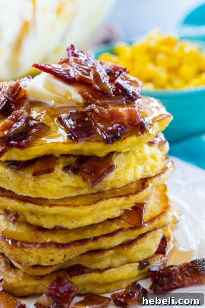 A close-up shot of a stack of Sweet Corn and Candied Bacon Pancakes, drizzled with maple syrup and topped with whipped cream, on a rustic wooden table.