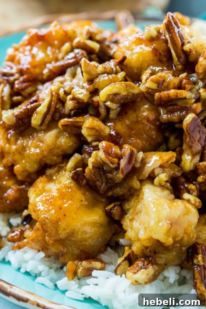 Honey Glazed Pecan Chicken 5 A beautifully presented plate of Honey Pecan Chicken with white rice and green beans.