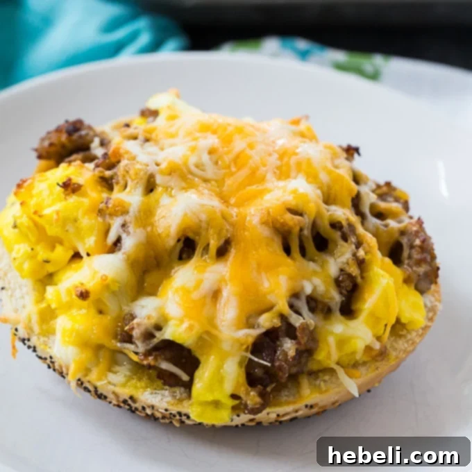 Delicious Sausage, Egg & Cheese Breakfast Bagel Pizzas, golden and cheesy, ready to eat