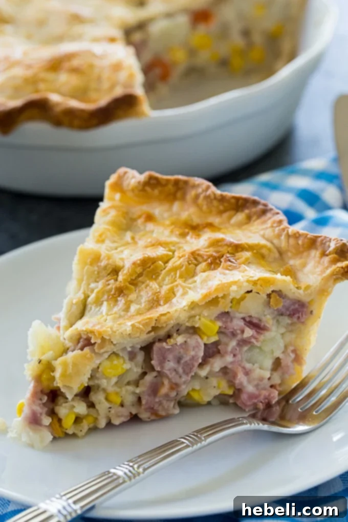 Baked Ham Pot Pie in a deep dish pie pan, showing its golden brown top crust