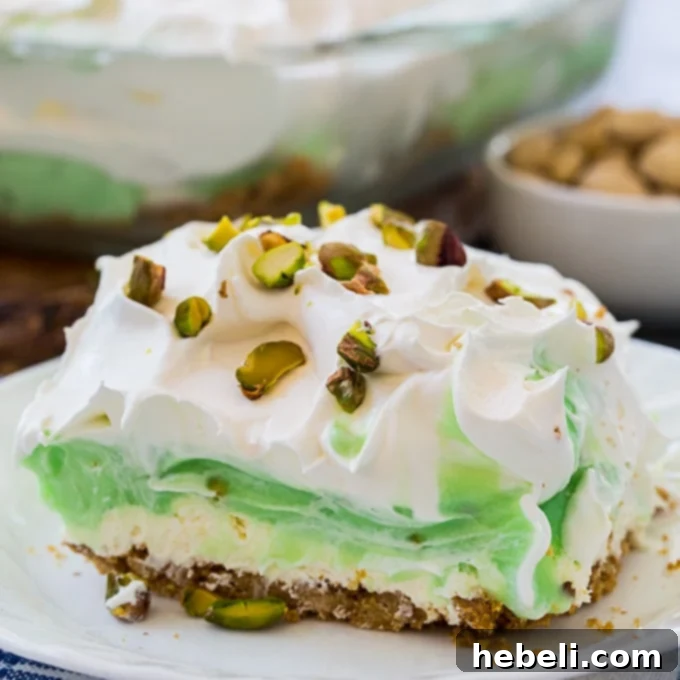 Pistachio Lush, a vibrant green layered dessert with whipped topping and chopped pistachios on top