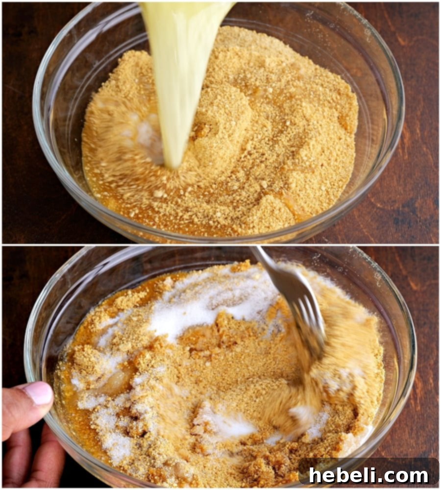 Mixing graham cracker crumbs, melted butter, and sugar in a bowl for the crust