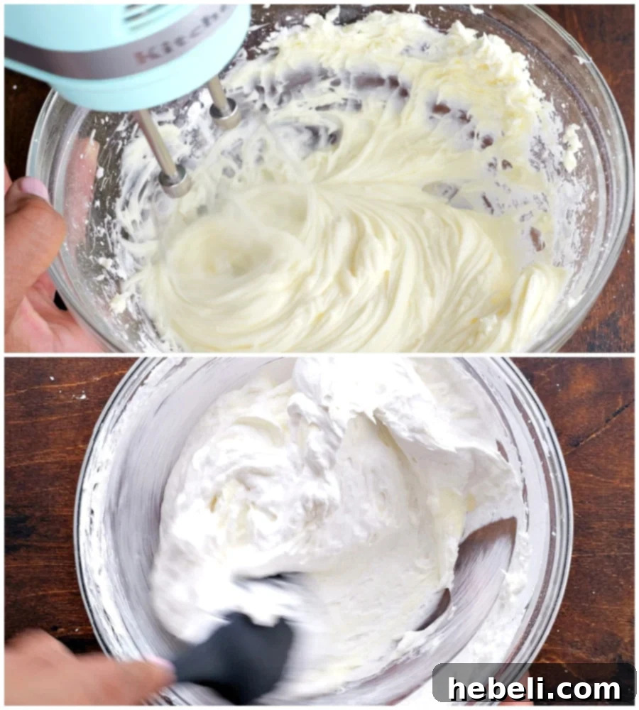 Beating cream cheese and powdered sugar until smooth for the second layer of Pistachio Lush