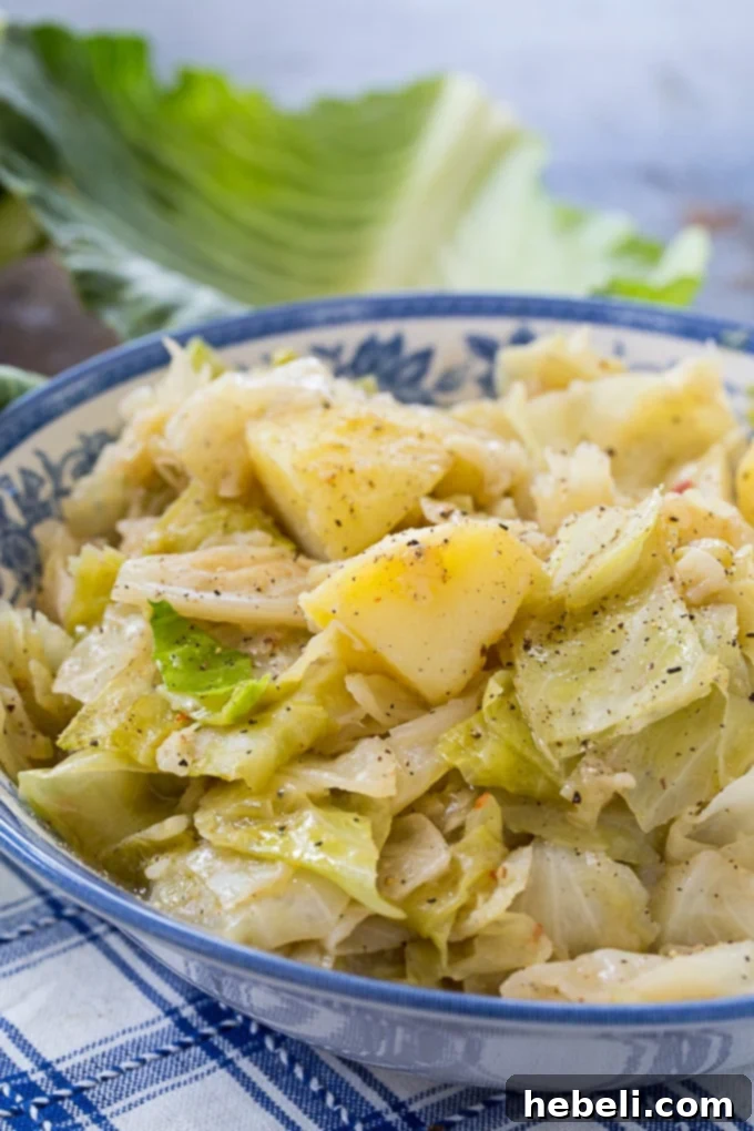 Country Cabbage and Potato Skillet 4 A bowl of Smothered Cabbage and Potatoes with a serving spoon.