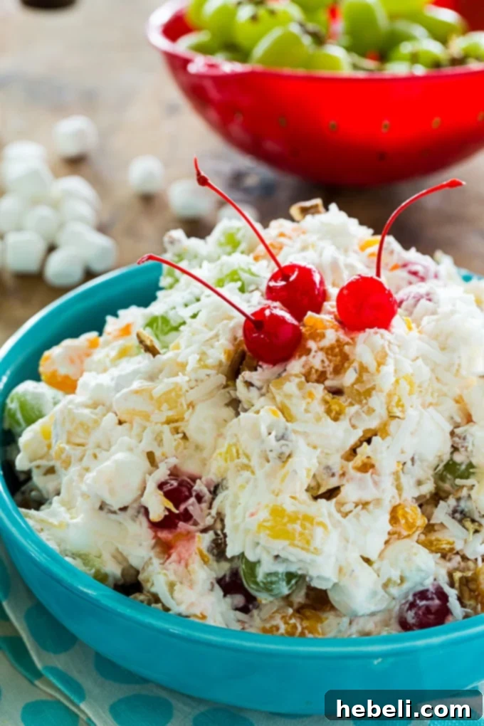 Sweet Southern Ambrosia Delight 3 A close-up view of the ingredients in Southern Ambrosia Salad, including colorful fruits, marshmallows, and nuts in a creamy dressing