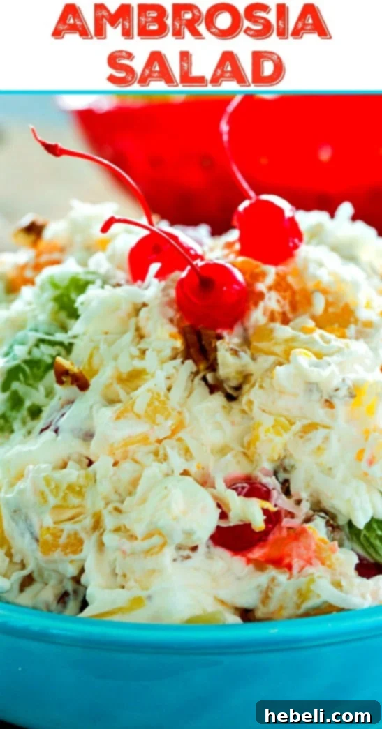 Sweet Southern Ambrosia Delight 6 An elegantly presented bowl of Southern Ambrosia Salad, highlighting its inviting and festive appearance