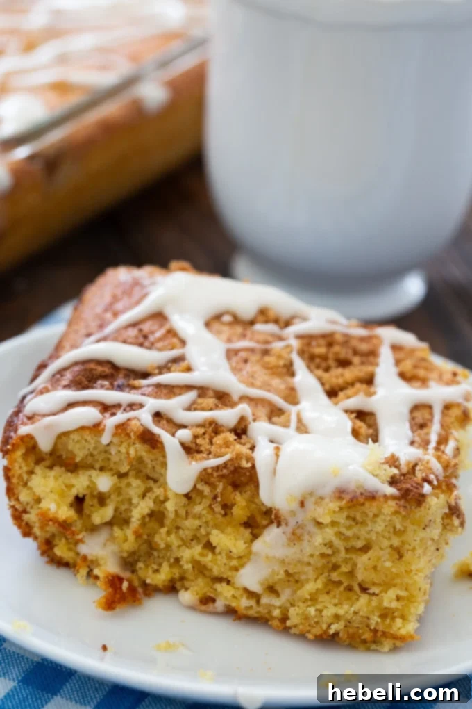 Vintage Coffee Cake with a generous dusting of powdered sugar and cinnamon, served for breakfast.