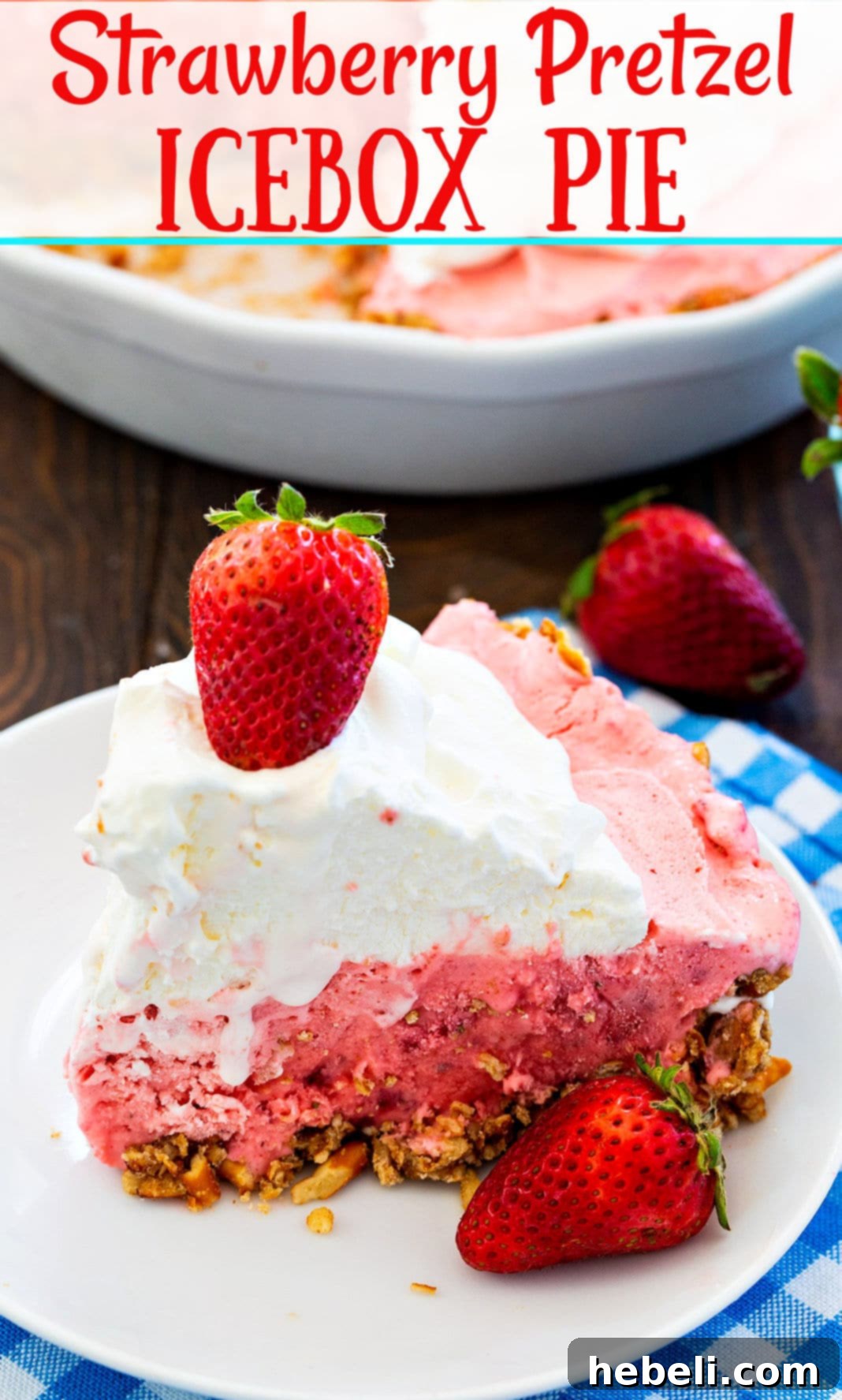 No Bake Strawberry Pretzel Bliss 6 Full view of the Strawberry Pretzel Icebox Pie, garnished and ready to be served, highlighting its vibrant colors.