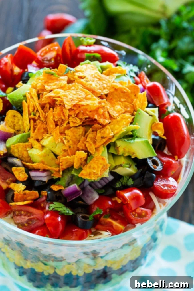 Stacked Taco Salad 6 A top-down view of the beautifully layered Layered Taco Salad, ready to be served.