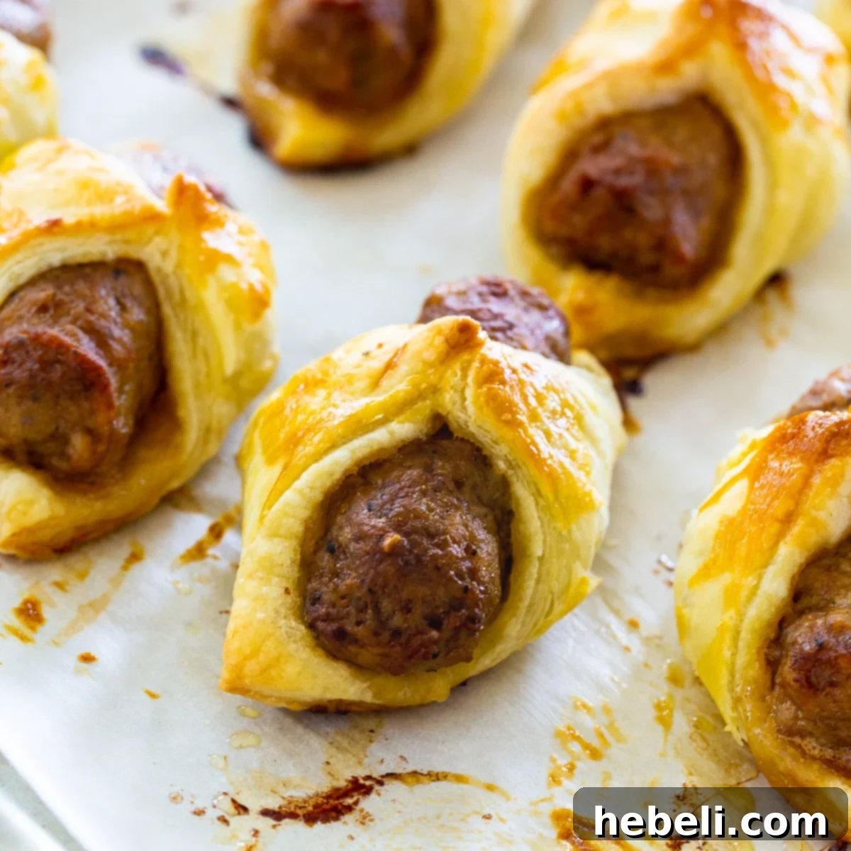 Breakfast Pigs in a Blanket on parchment paper, fresh out of the oven.