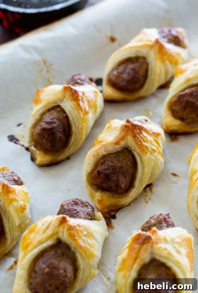 Close-up of golden brown Breakfast Pigs in a Blanket.