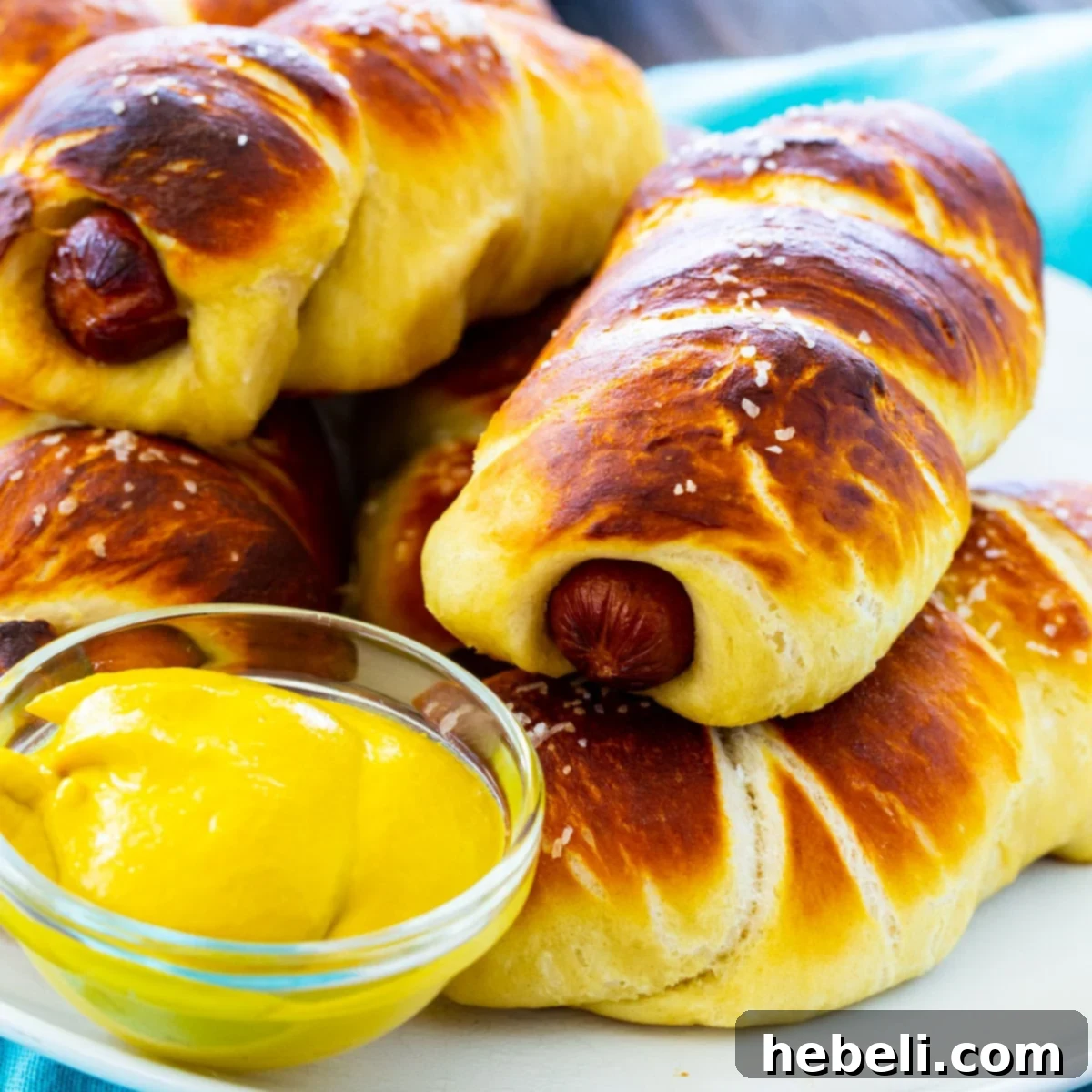 Pretzel Dogs piled high on a white plate with a small bowl of mustard on the side, ready to be enjoyed.