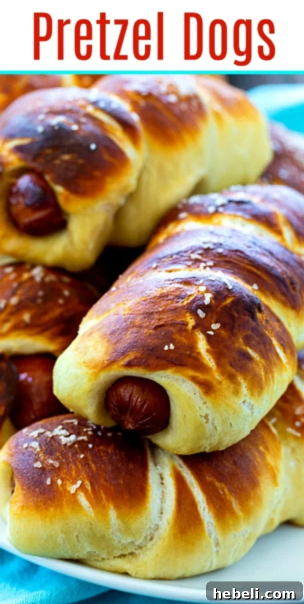 A close-up shot of a single perfectly baked homemade Pretzel Dog, with a rich golden crust and visible coarse salt, set against a simple, bright background.