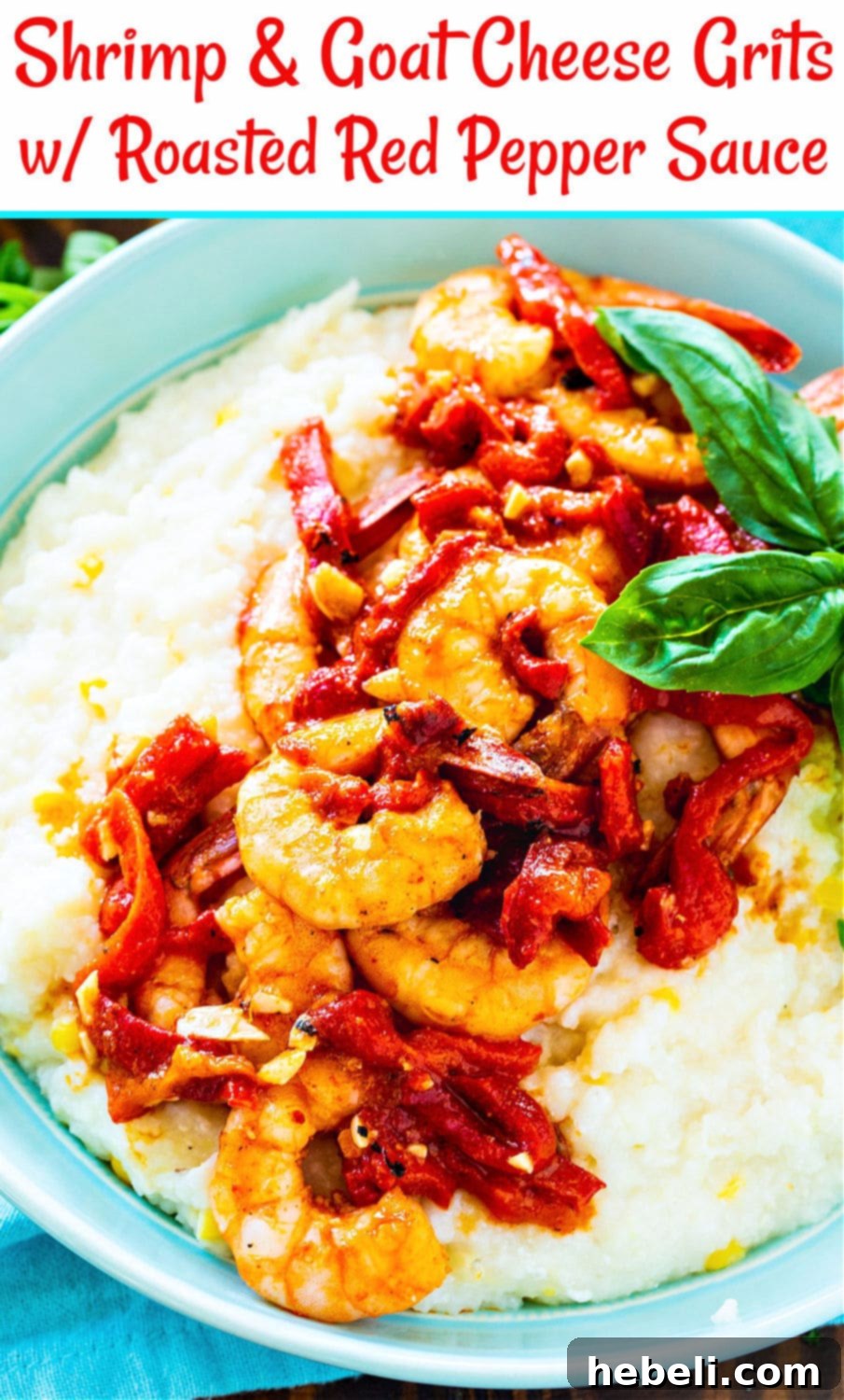 Delicious Shrimp and Goat Cheese Grits with Roasted Red Pepper Sauce served in a rustic bowl.