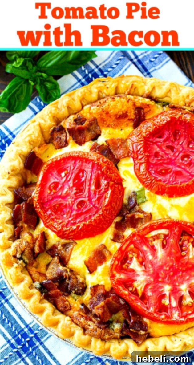 A delicious slice of Tomato Pie with Bacon, perfect for a summer meal, garnished with fresh herbs.