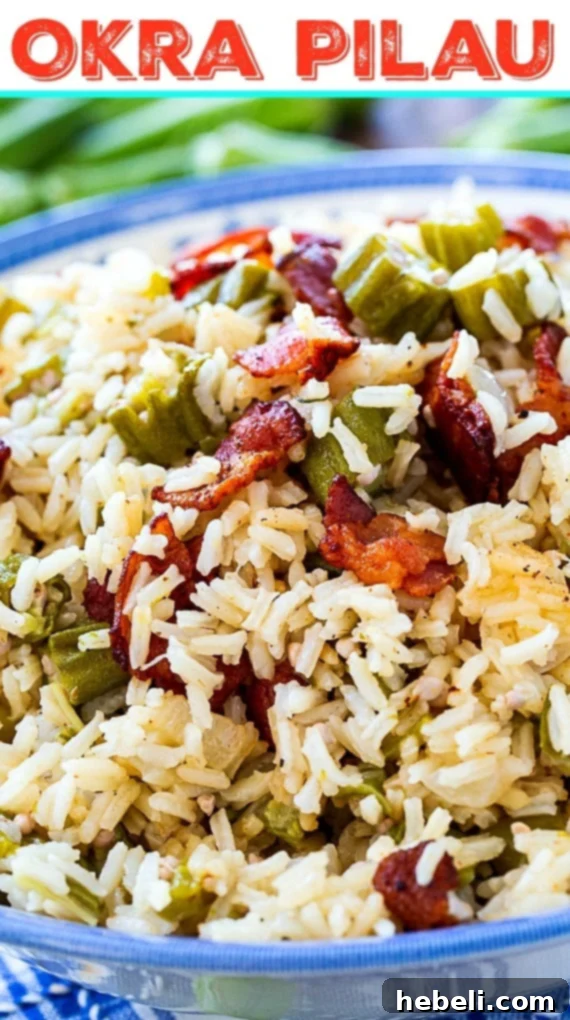 A serving of Okra Pilau with crispy bacon bits, showcasing the inviting texture of this Southern rice dish.