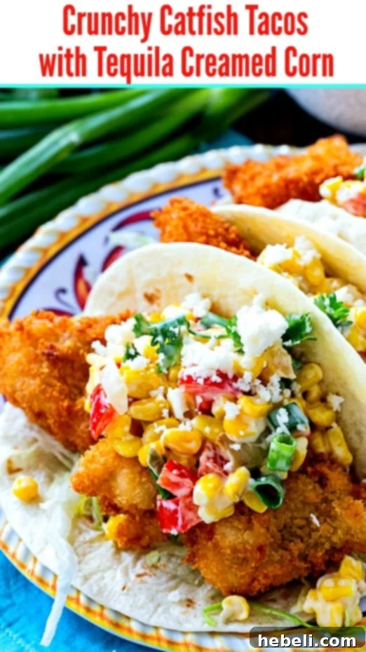 Crispy Catfish Tacos with Tequila Spiked Creamed Corn 6 Plate of three Crunchy Catfish Tacos with Tequila Creamed Corn and lime wedges.