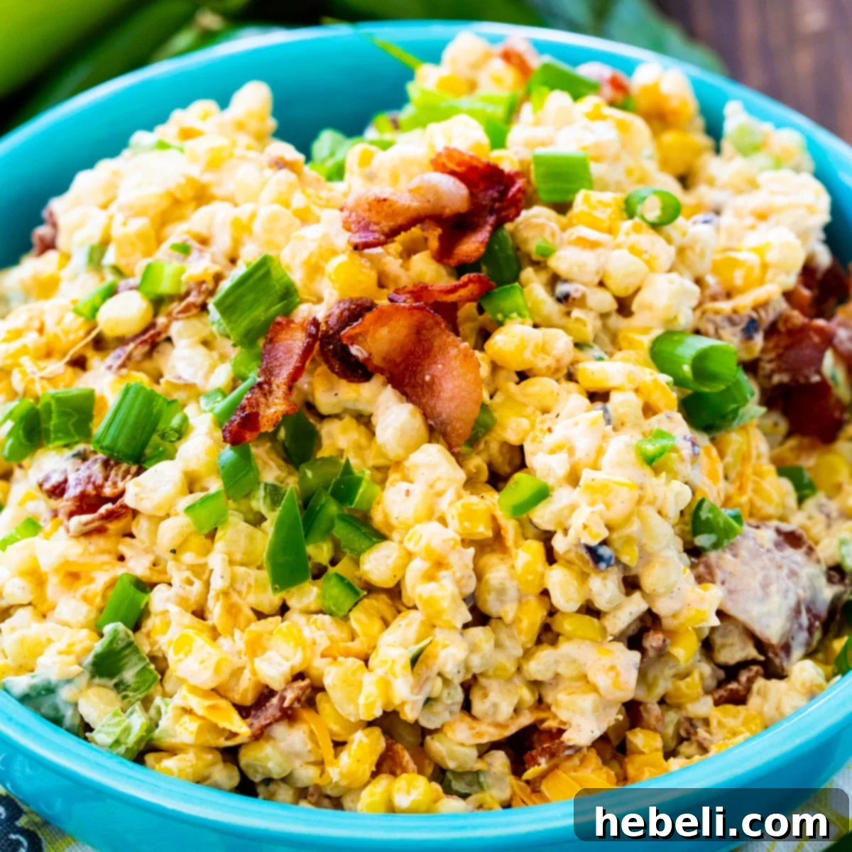 Jalapeno Popper Grilled Corn Salad in blue bowl.