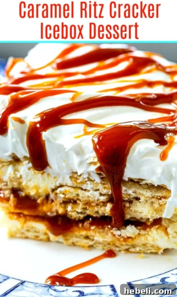 No-Bake Salted Caramel Ritz Cracker Delight 6 Close-up of a beautifully set Caramel Ritz Cracker Icebox Dessert, showcasing its layers.