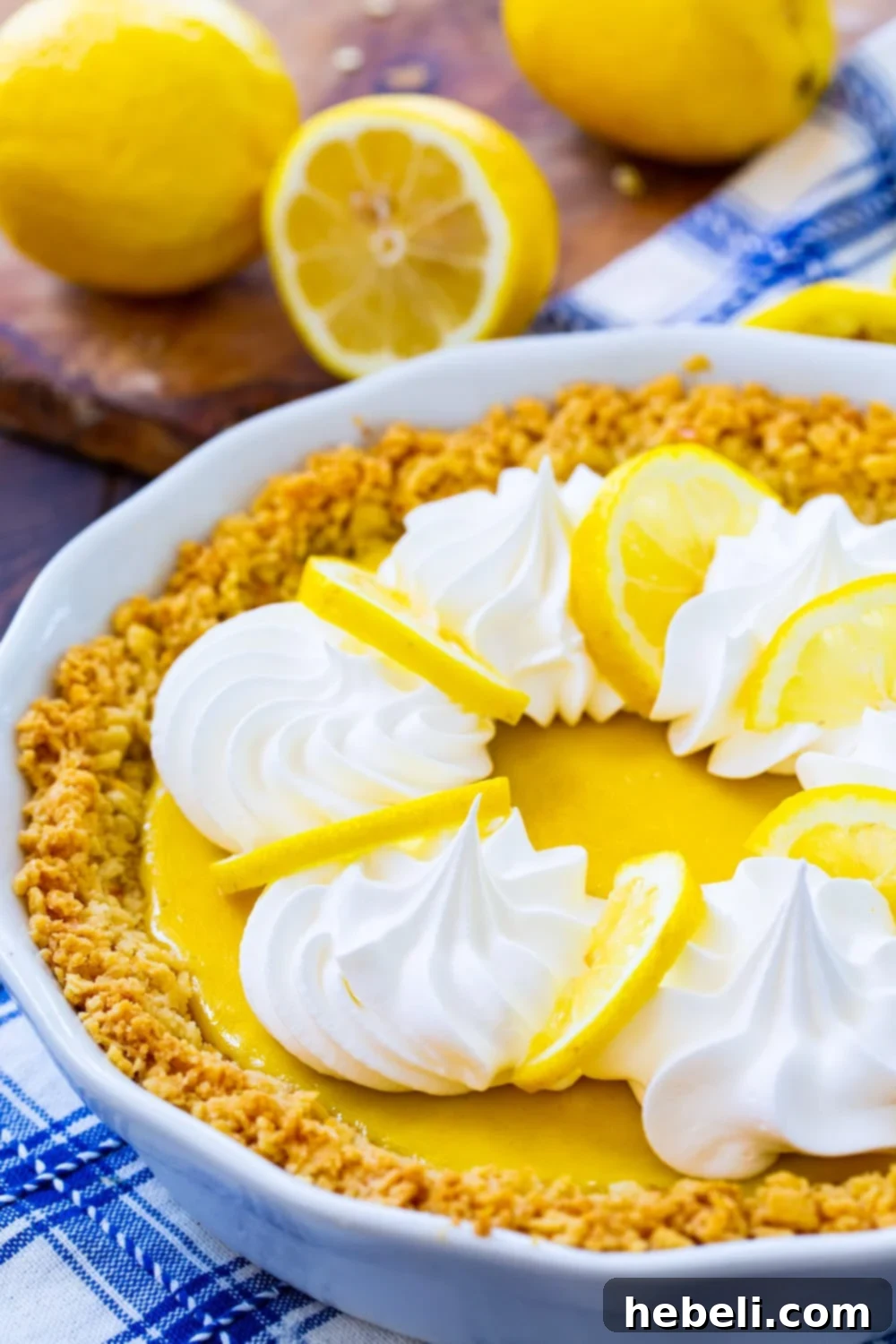 A delectable Atlantic Beach Pie displayed with fresh lemons and a rustic background, highlighting its refreshing appeal.
